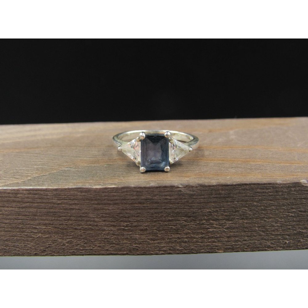 Size 8 Sterling Silver Blue Glass And Clear CZ Gemstones Band Ring